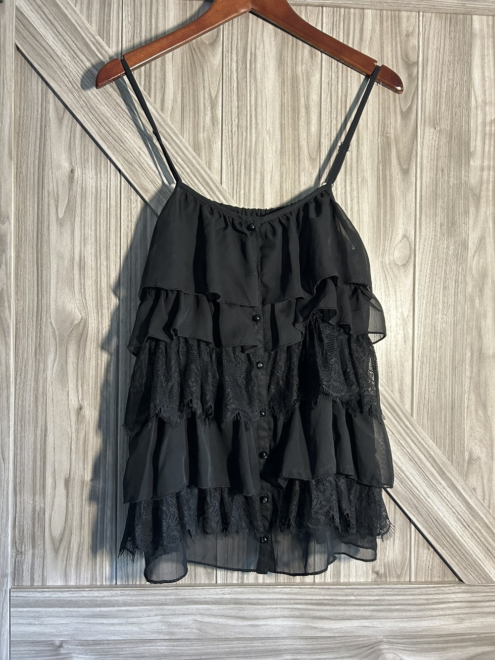 River Island Black Tiered Ruffle Lace Cami Tank Top